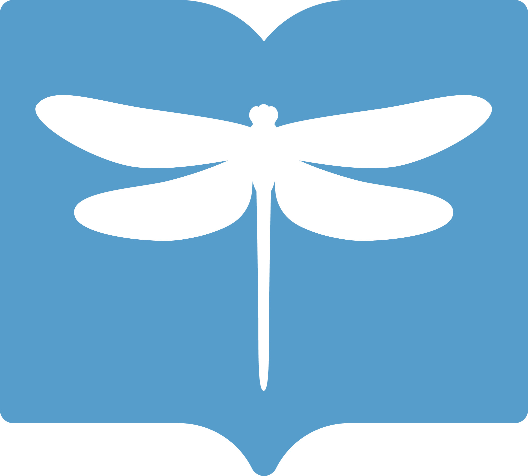 An open book with a dragonfly superimposed over the top. The book is a light blue, and the dragonfly is white.